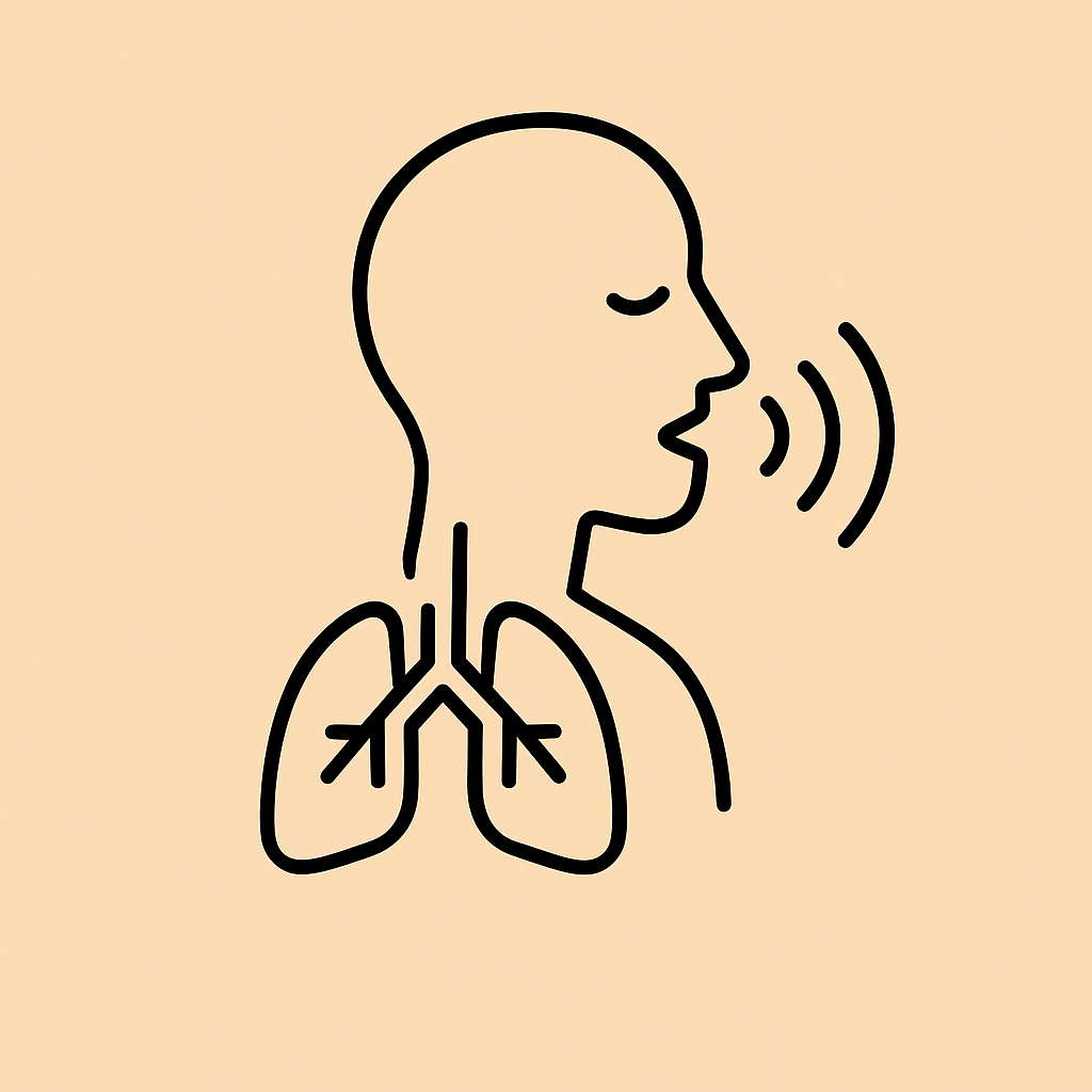 A minimalistic line drawing of a person breathing out, with lungs visible.