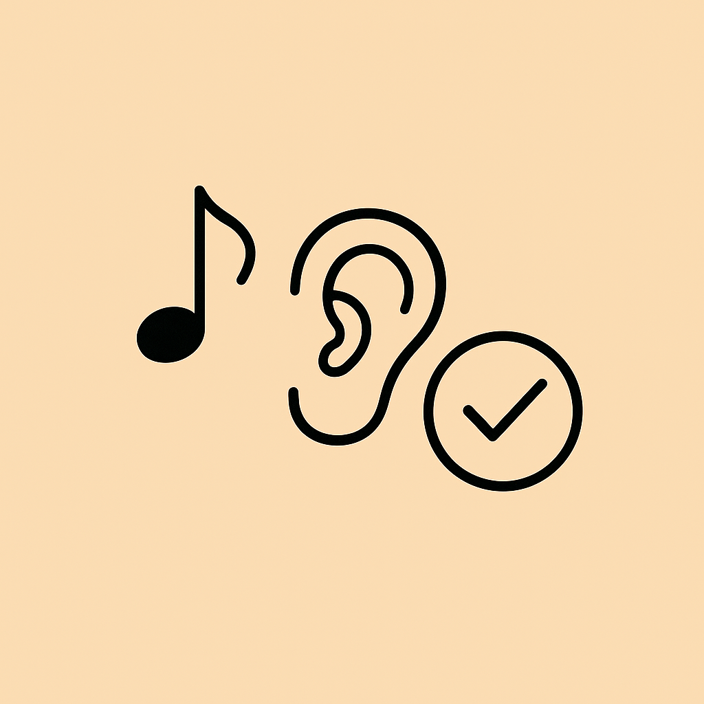 Icon representing listening to music or sound, with a musical note, an ear, and a check mark.