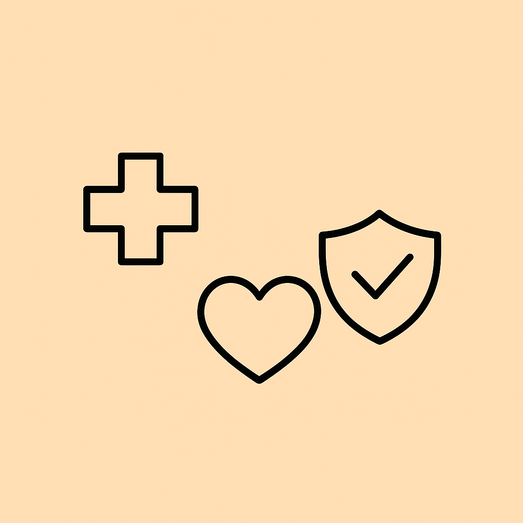 Medical icons including a cross, a heart, and a shield with a checkmark on a beige background.