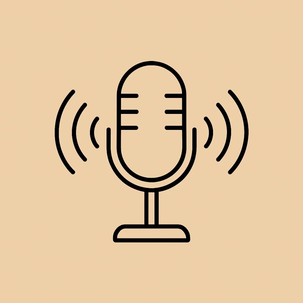 Simple line drawing of a microphone with sound waves radiating outward, on a beige background.