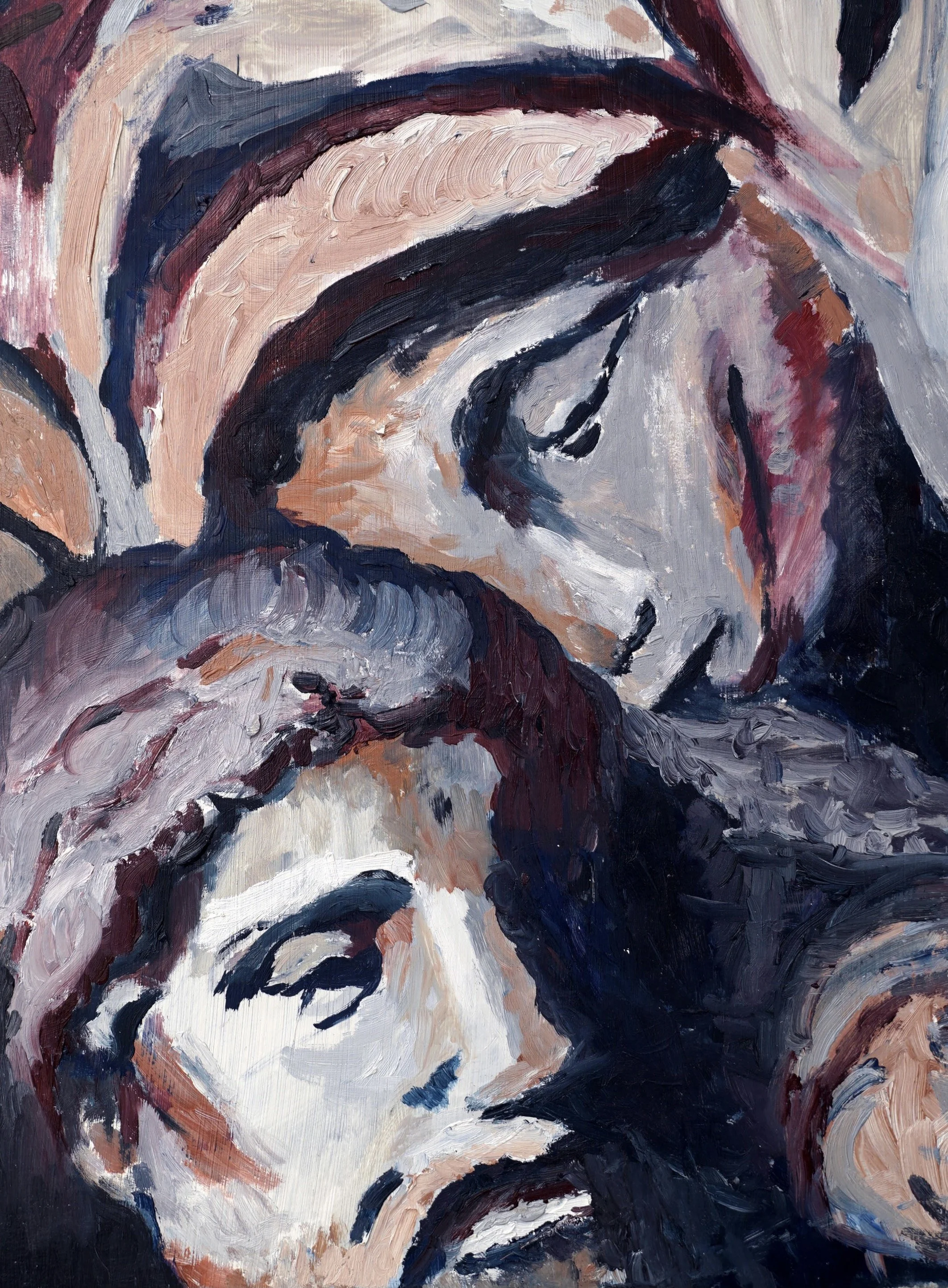 Close-up of an oil painting depicting a distressed woman with pale skin, dark hair, and expressive eyes, resting her face on her hand.