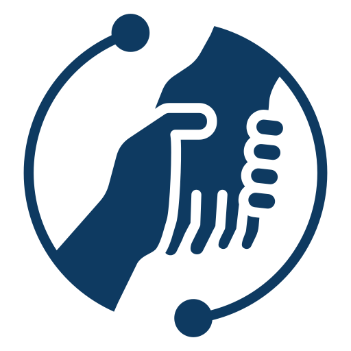 Illustration of two hands shaking inside a circle with connected dots, symbolizing partnership or support.