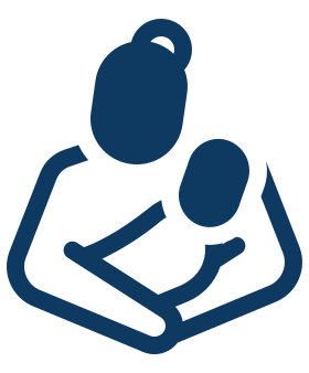 Simple dark blue icon of a person holding a baby in their arms, depicted with basic shapes.