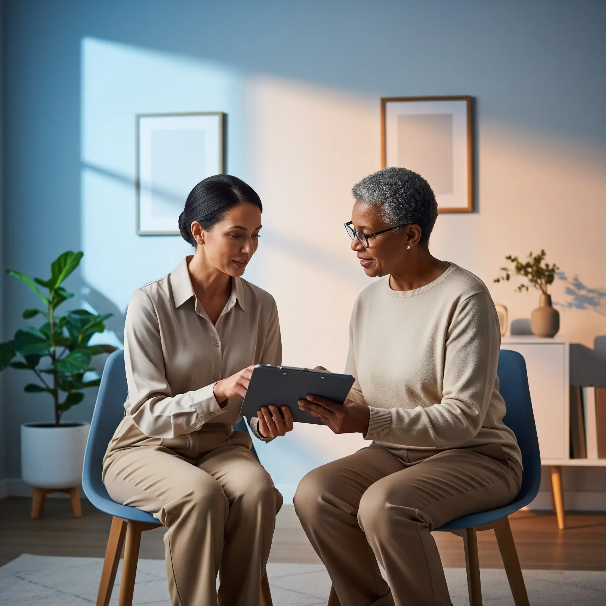 Two women are sitting together in a room, looking at a tablet device. One woman has dark hair and is wearing a beige blouse; the other has short gray hair, glasses, and a light gray sweater. They are engaged in a discussion, with framed pictures on the wall behind them and a potted plant nearby.
