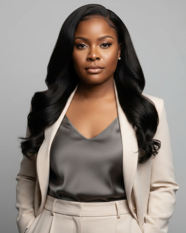 A young Black woman with long, wavy black hair, wearing a beige blazer over a gray satin blouse, standing against a plain gray background.