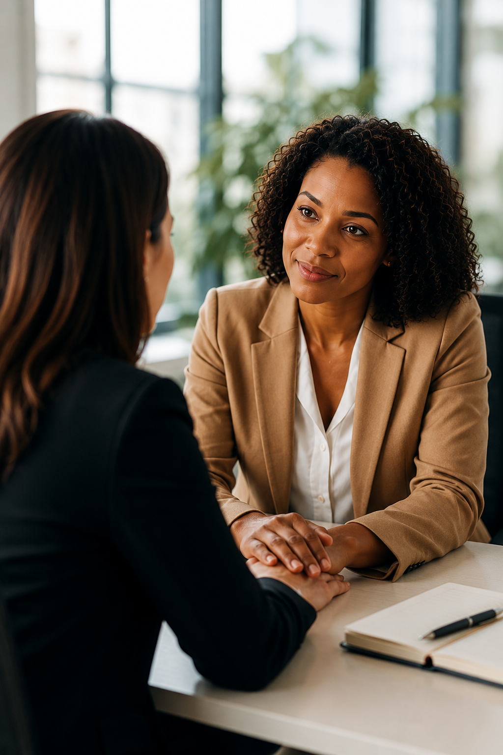 Two professionals engaged in a one-on-one consultation, representing behavioral health support and community resource services.