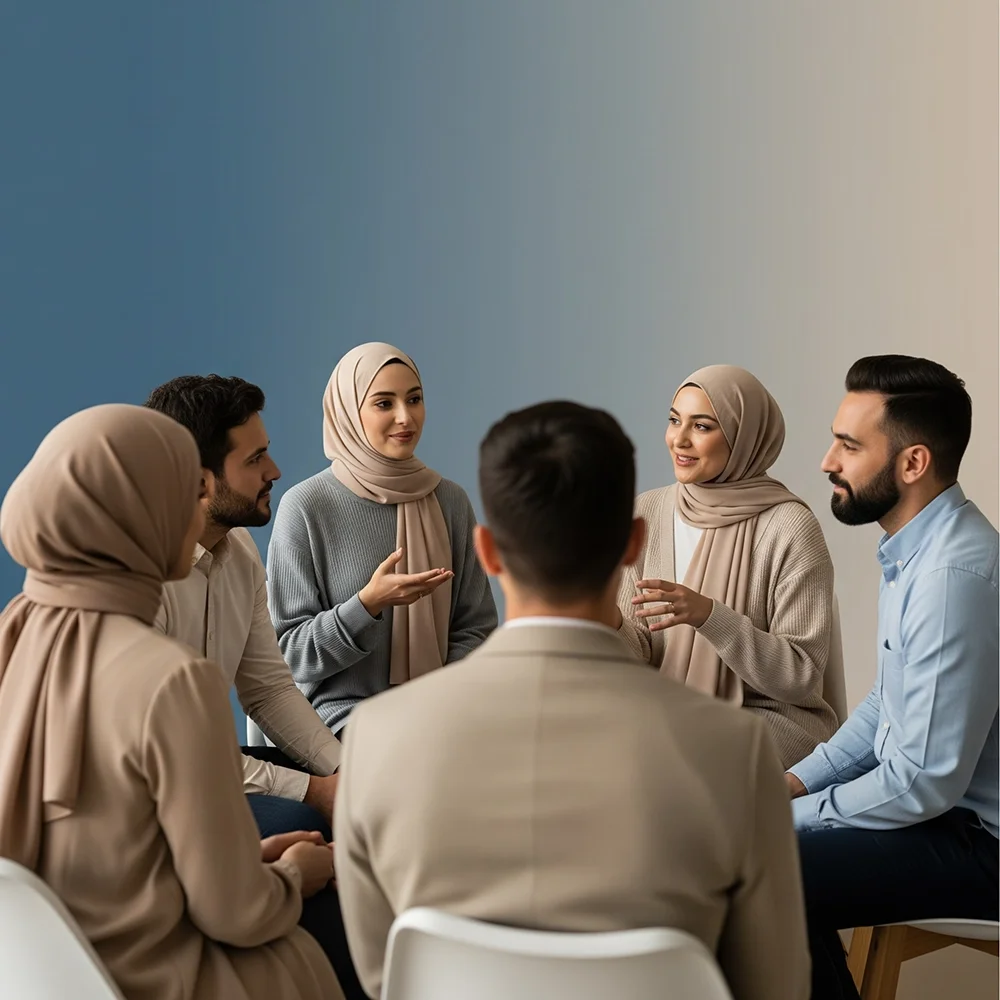 Group of six diverse people engaged in a discussion, sitting in a circle against a gradient blue background.
