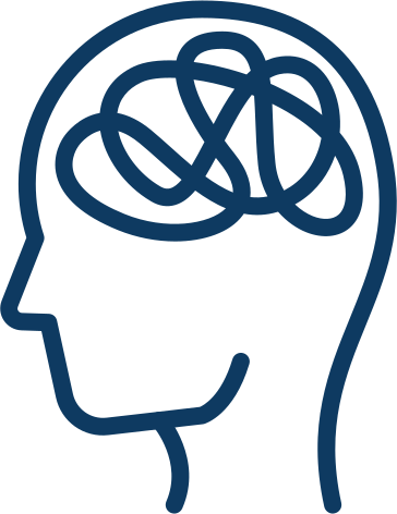 Outline drawing of a human head with a tangled scribble inside representing a confused or complicated mind.