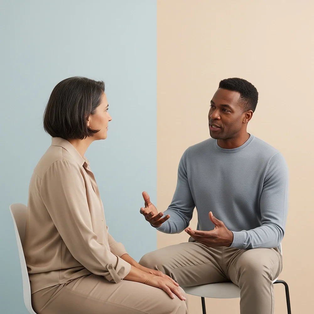A woman and a man sitting facing each other in conversation, with a light blue wall behind the woman and a beige wall behind the man.