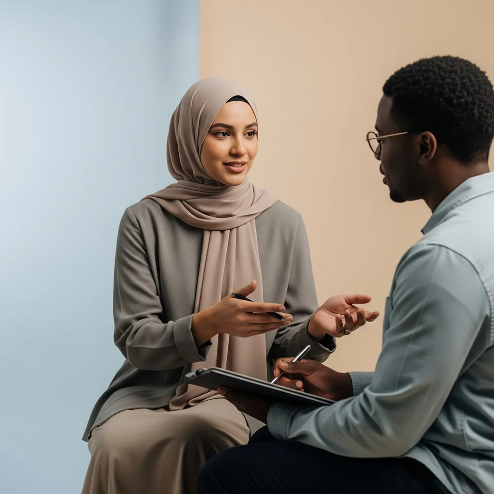 A woman wearing a hijab and a blazer is talking to a man who is holding a clipboard and pen during a conversation.