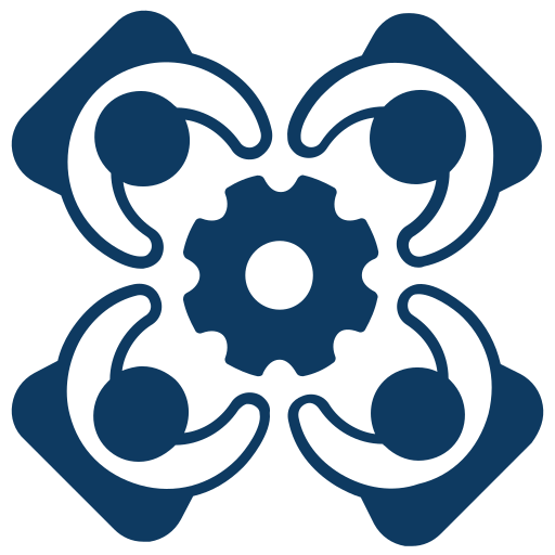 Icon of four hands holding a gear in the center.