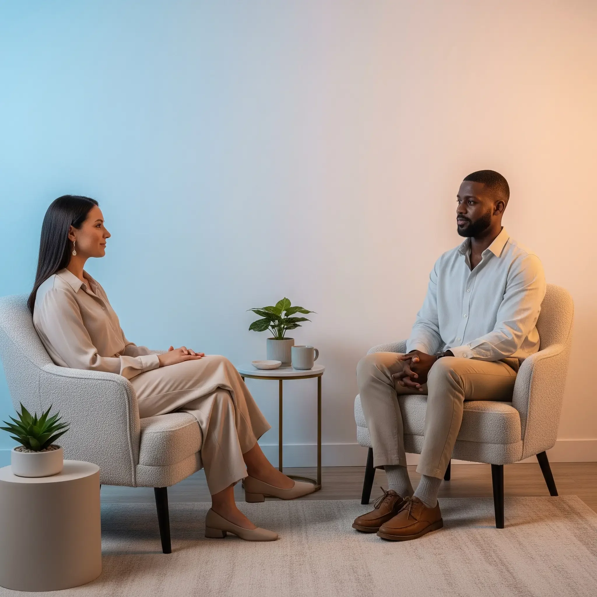 A woman and a man seated across from each other in a professional setting, engaged in conversation, with a small table holding a potted plant and cups in between them.