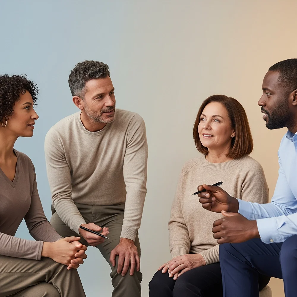 Four diverse adults engaged in a discussion in a neutral-colored room.