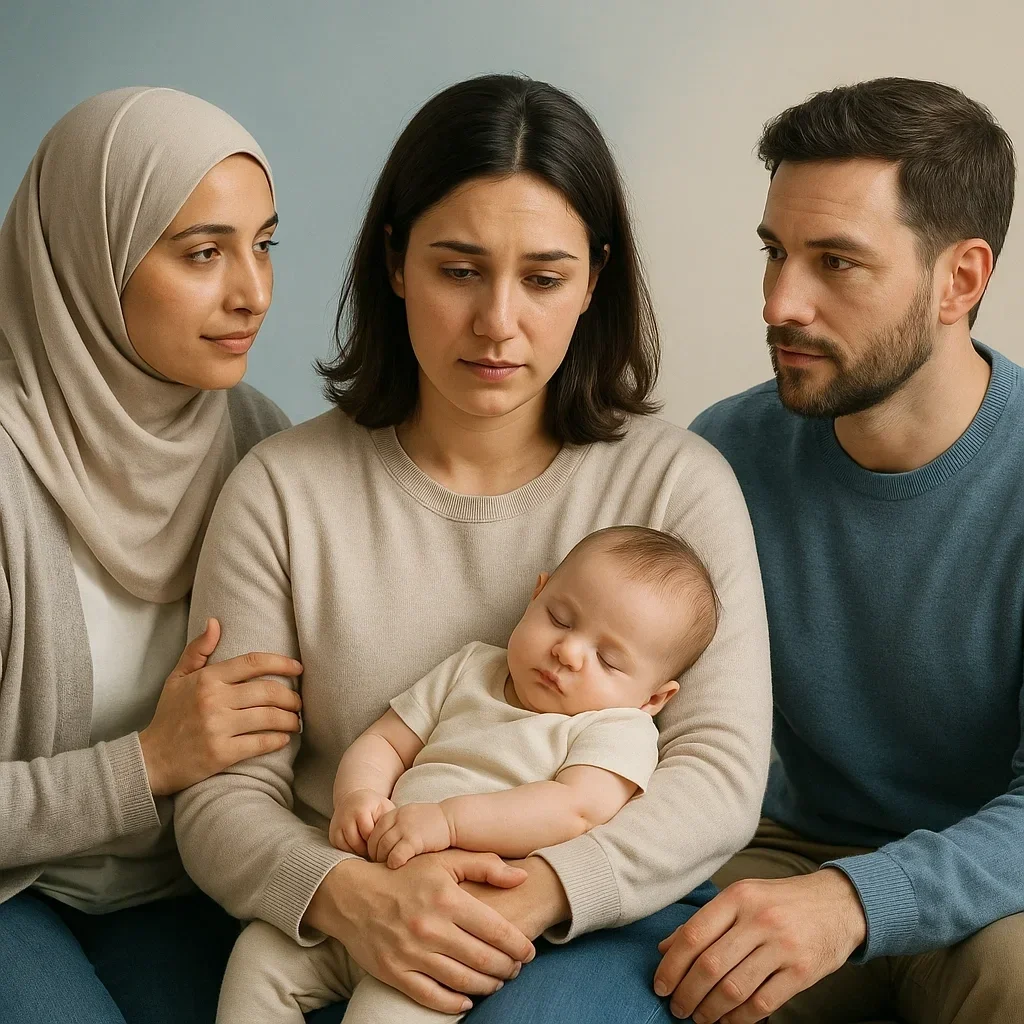 Four people, including a woman wearing a beige sweater holding a sleeping baby, are sitting closely together in a somber or reflective moment.