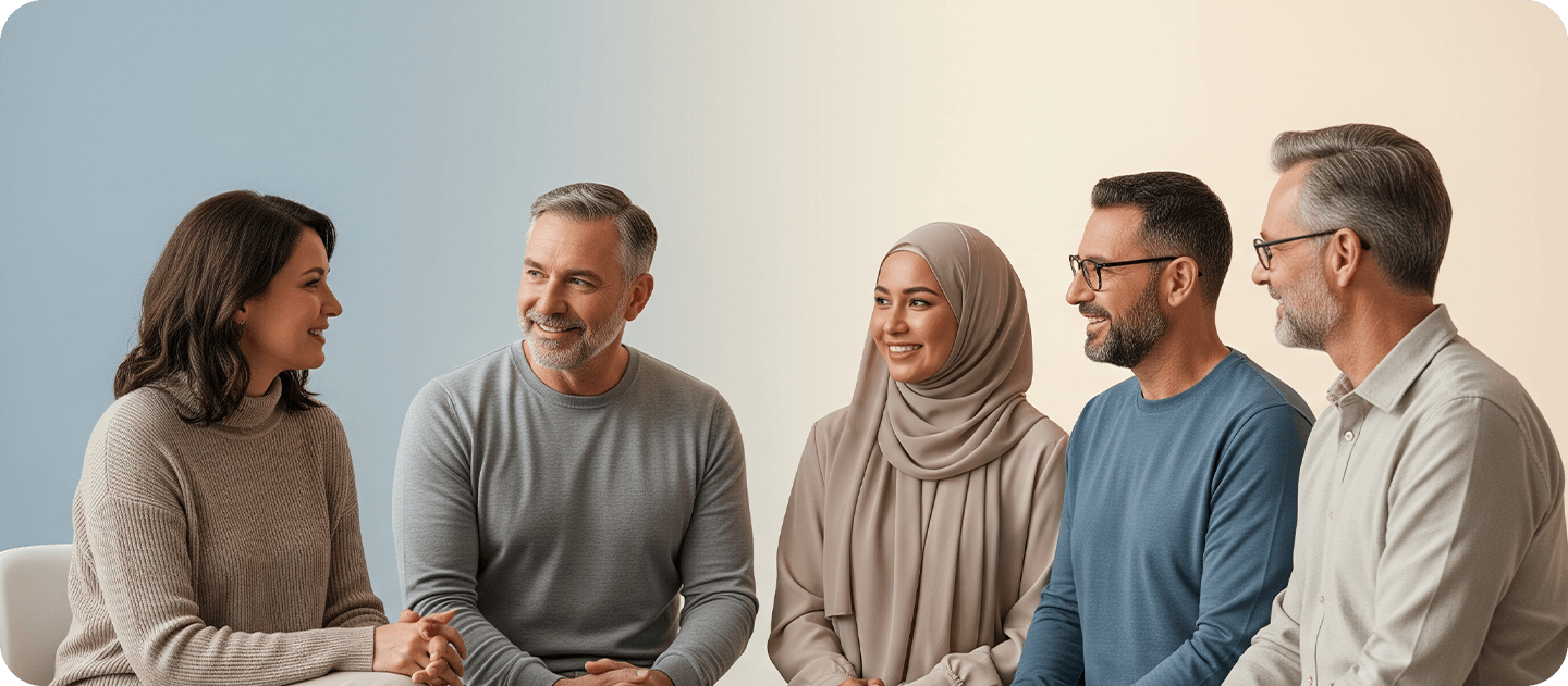 Five diverse people sitting and talking in a casual setting, smiling and engaging with each other.