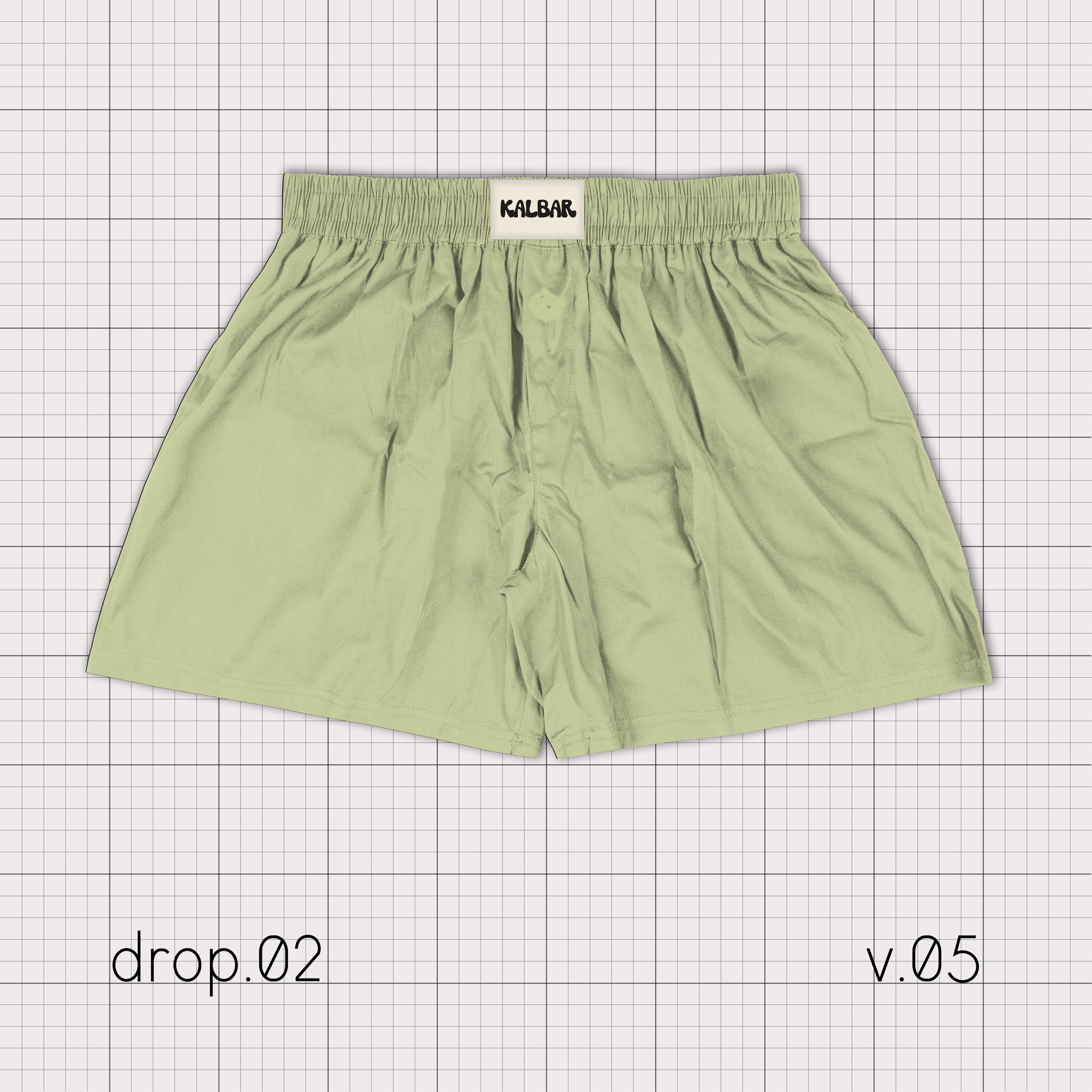 Boxer kaki avec ceinture élastique "KALBAR" sur fond quadrillé.