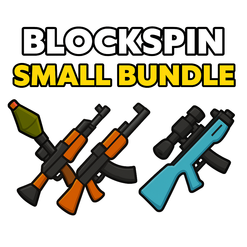 Create a cartoonish-style product thumbnail for the Roblox game Blockspin with a transparent background. Include RPG, AK-47, a sniper with a scope, and an Uzi..png