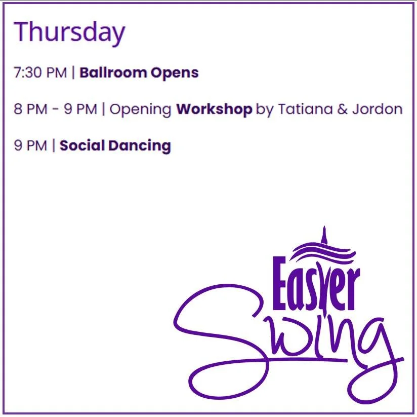 We have made a simplified schedule for you to reference. Check out our website as the schedule is always subject to change at any time. 

https://easterswing.org/at-a-glance-schedule

#easterswing