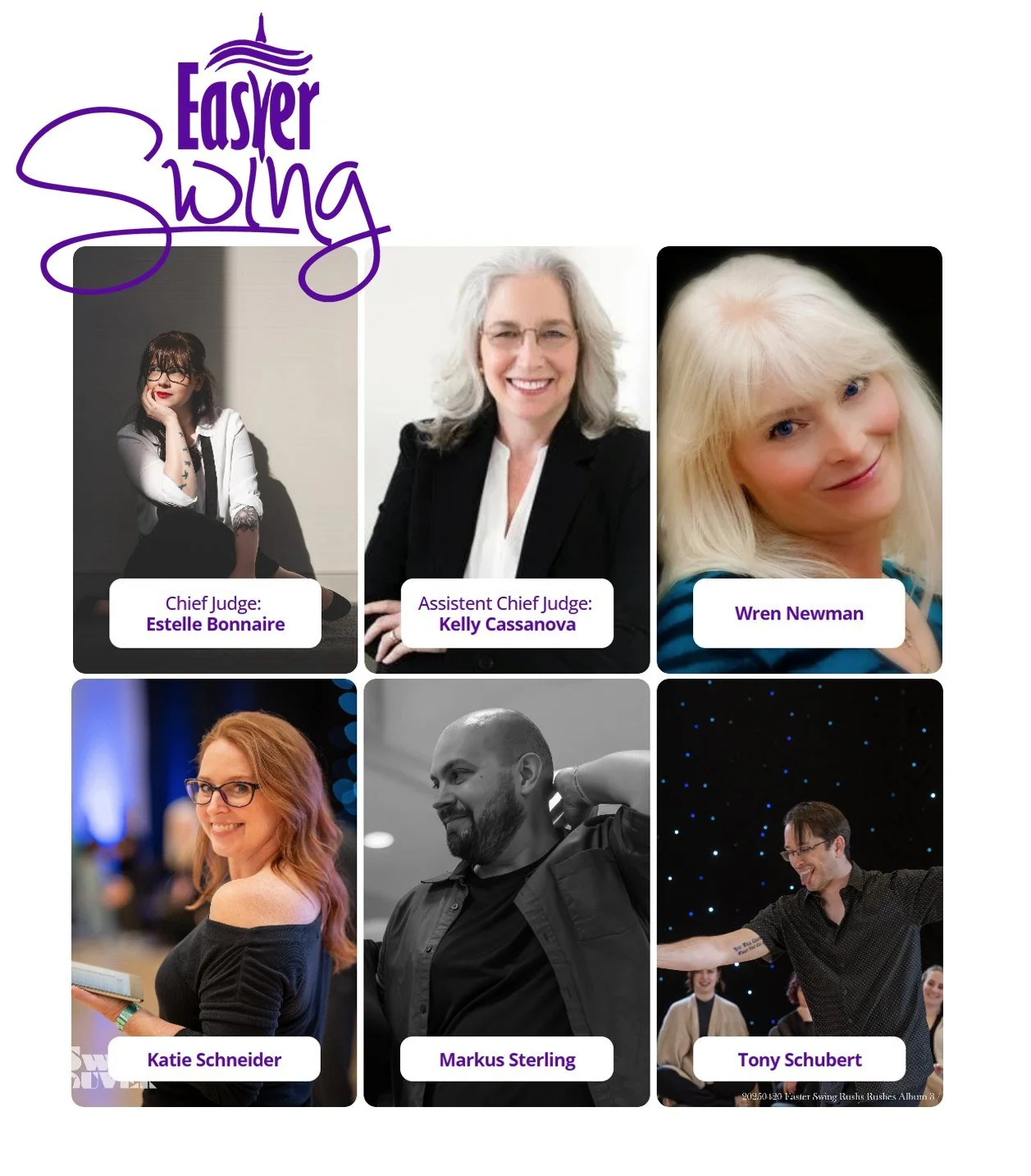 Judges make it all possible and competitions are a powerful tool to helping us grow this beautiful passion! These judges have an expertise that takes years to foster.

Taking the lead this year as Chief Judge is Estelle Bonnaire.

https://easterswing