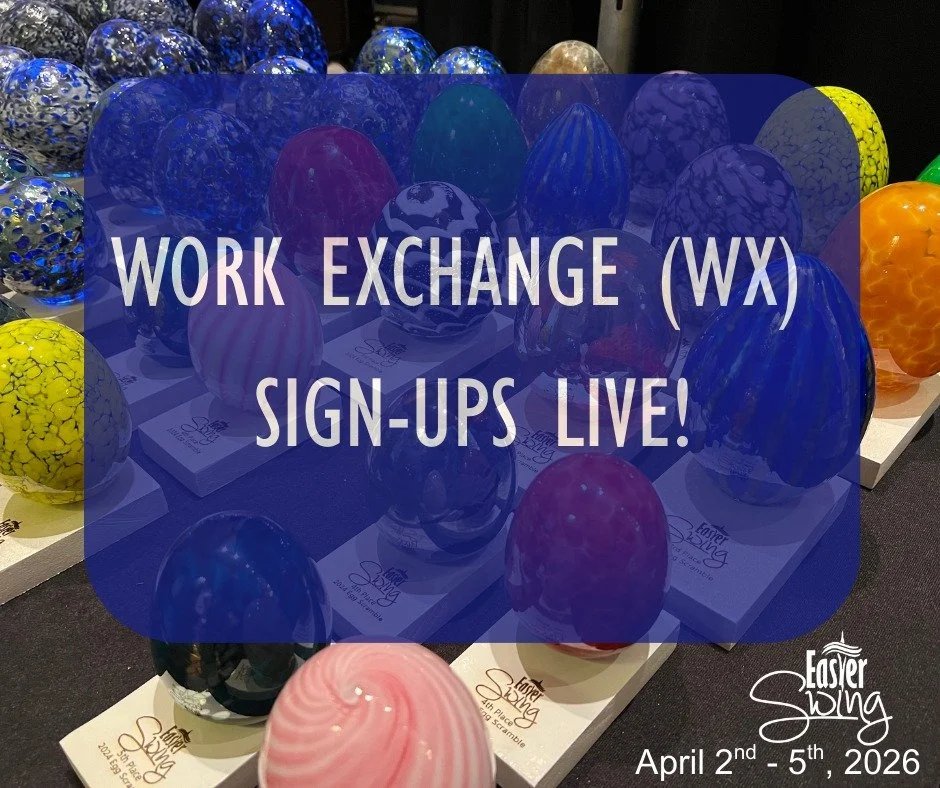 Join our Work Exchange team (formerly known as our Volunteering program).

12 hours of help = a full weekend pass + Easter Swing gift.

Be part of making Easter Swing happen!

Sign up &rarr; https://easterswing.org/volunteer

#EasterSwing #DanceVolun
