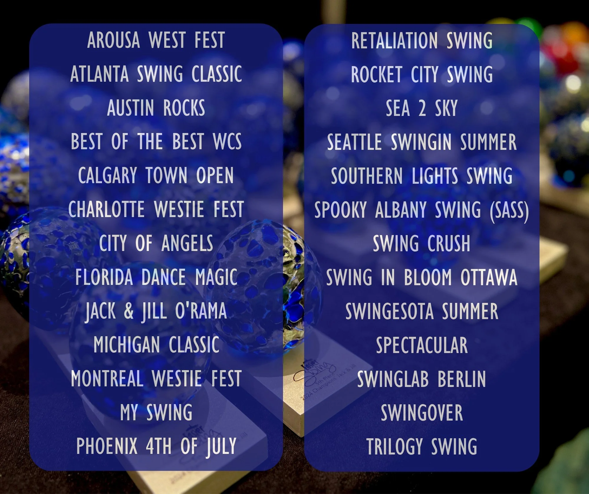 The list of events that have swapped passes with Easter Swing 2026 is exciting and massive! Our competitors who place in the top slots will win one of the following (it varies by comps due to the total number of passes we have to distribute)! 

We wi