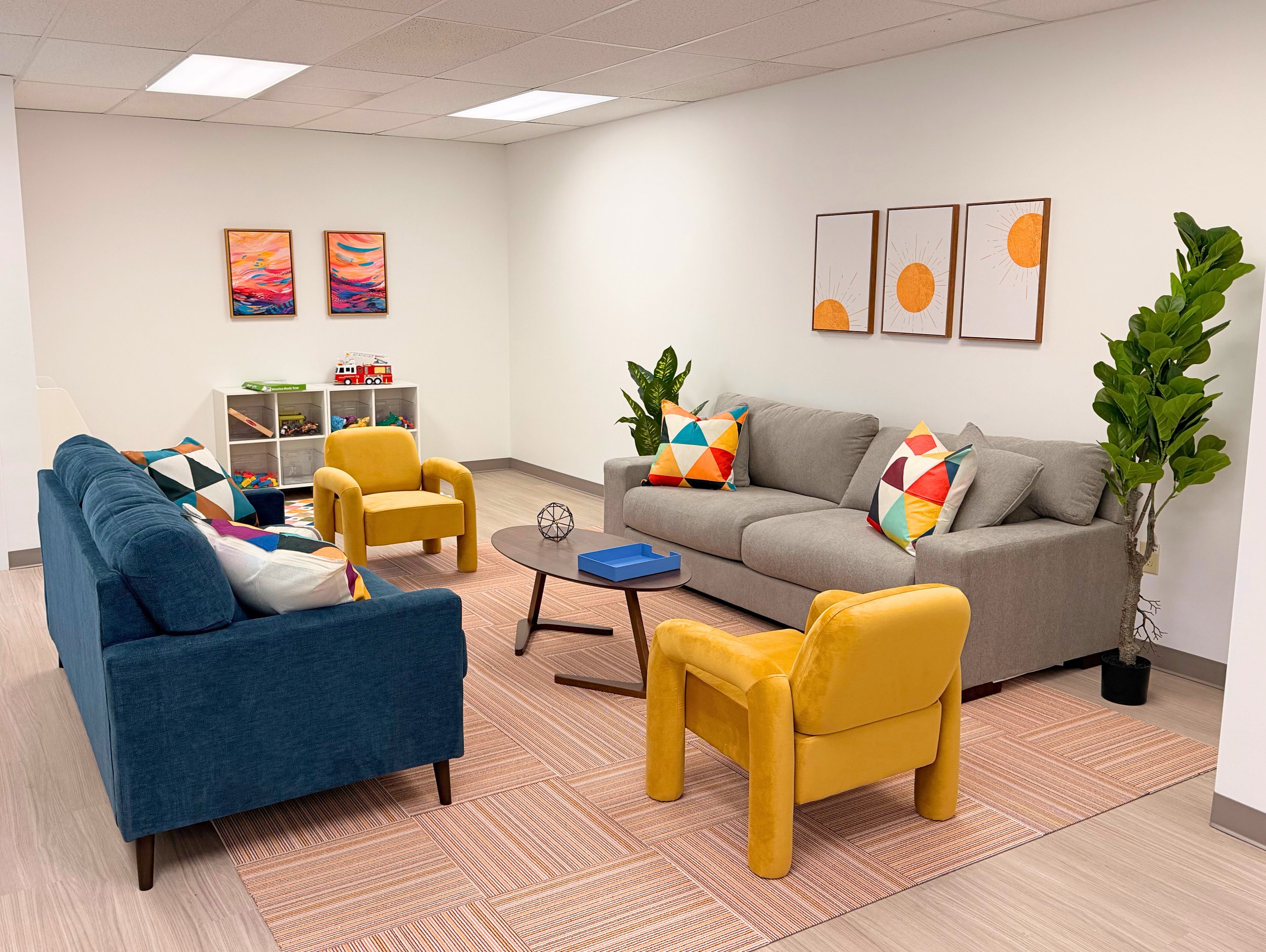 Cheerful colored furniture and decor in the Blackbird Health Media PA clinic waiting room