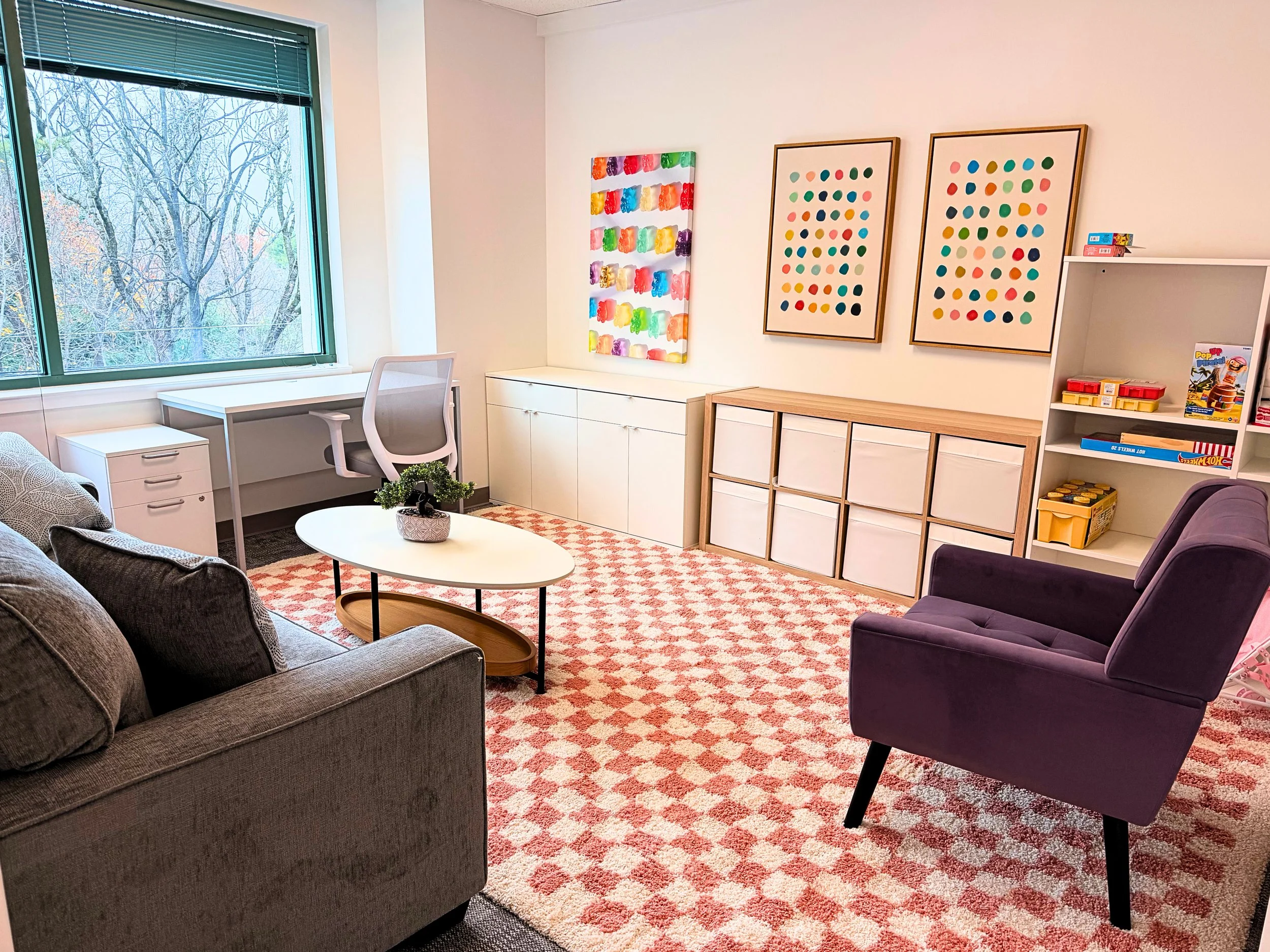 Cheerful, colorful decor, rug, and furniture at the Blackbird Health Media, PA clinic.