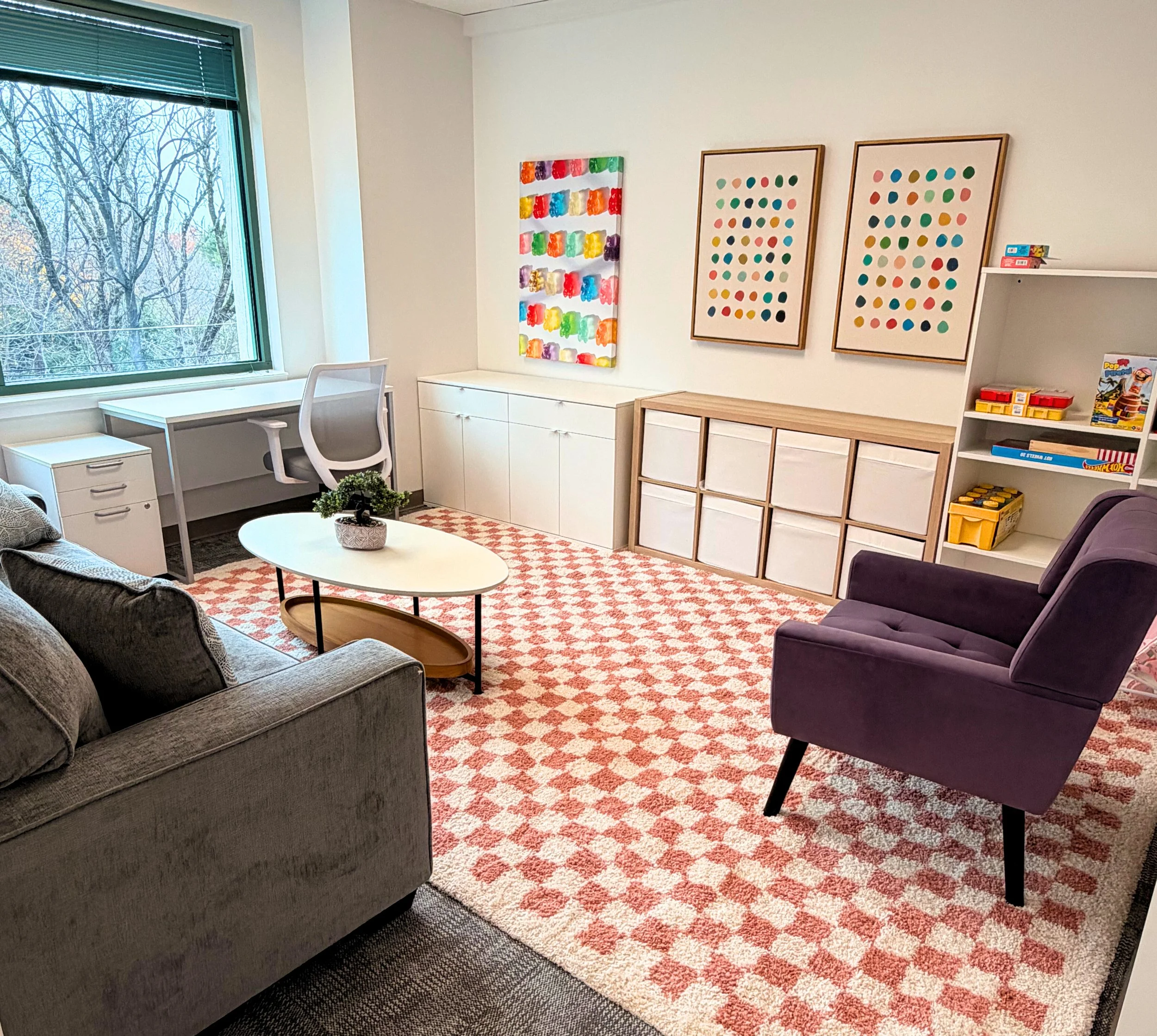 Cheerful and colorful furniture, rug, and decor at the Blackbird Health Media PA clinic.