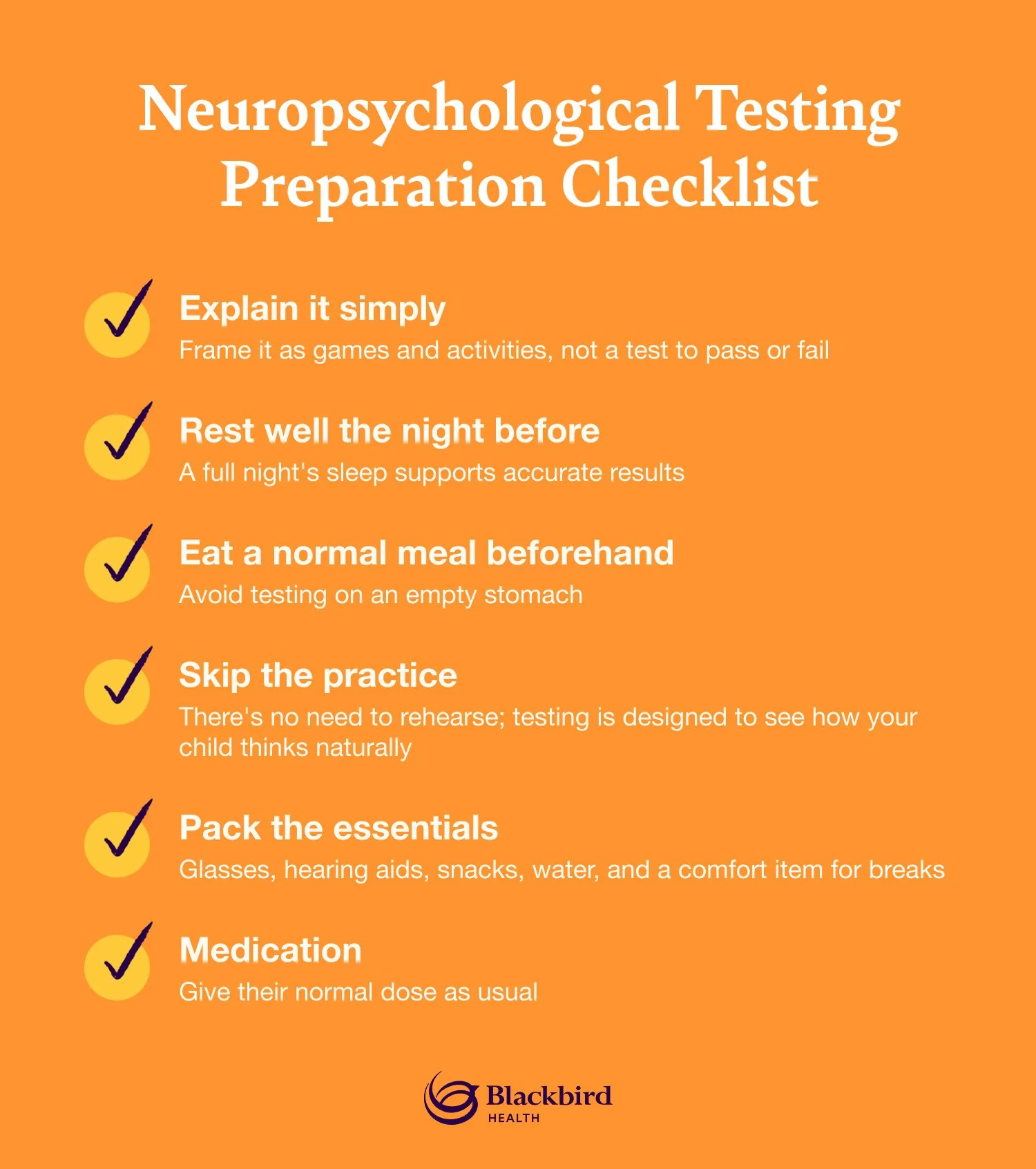 Infographic showing a checklist of steps to take in preparation of a neuropsychological test.