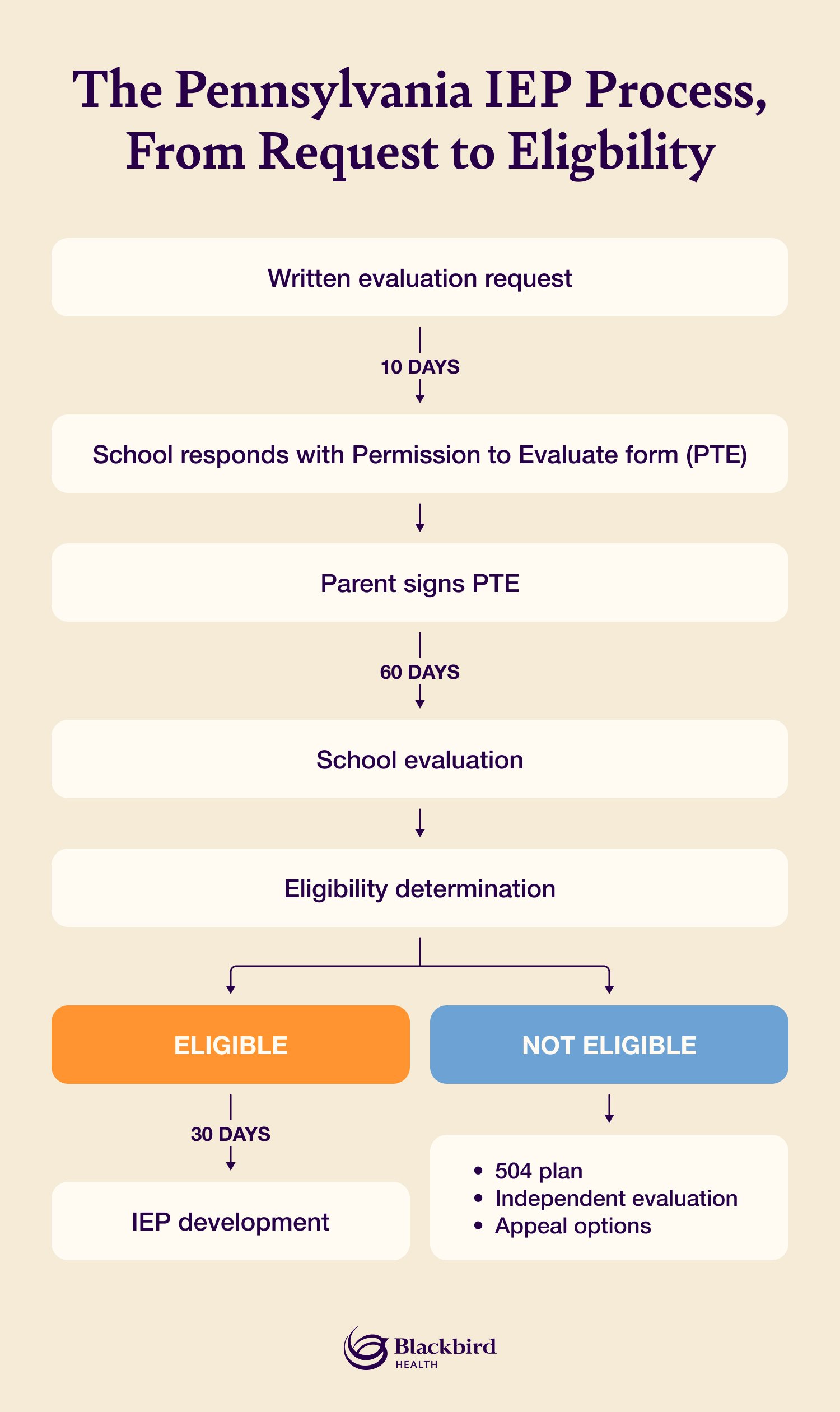 Infographic flowchart showing the steps involved in requesting and qualifying for an IEP in Pennsylvania.