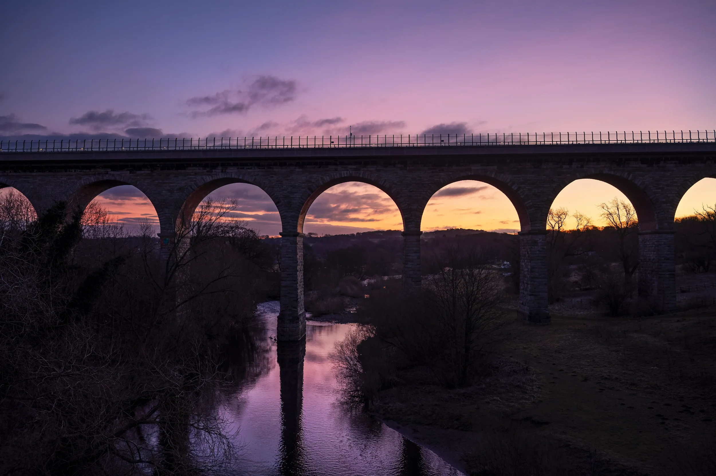 Image of Newton Cap Viaduct, Bishop Auckland, taken before sunrise 4/3/25, with lovely amber and purple colours in the sky.