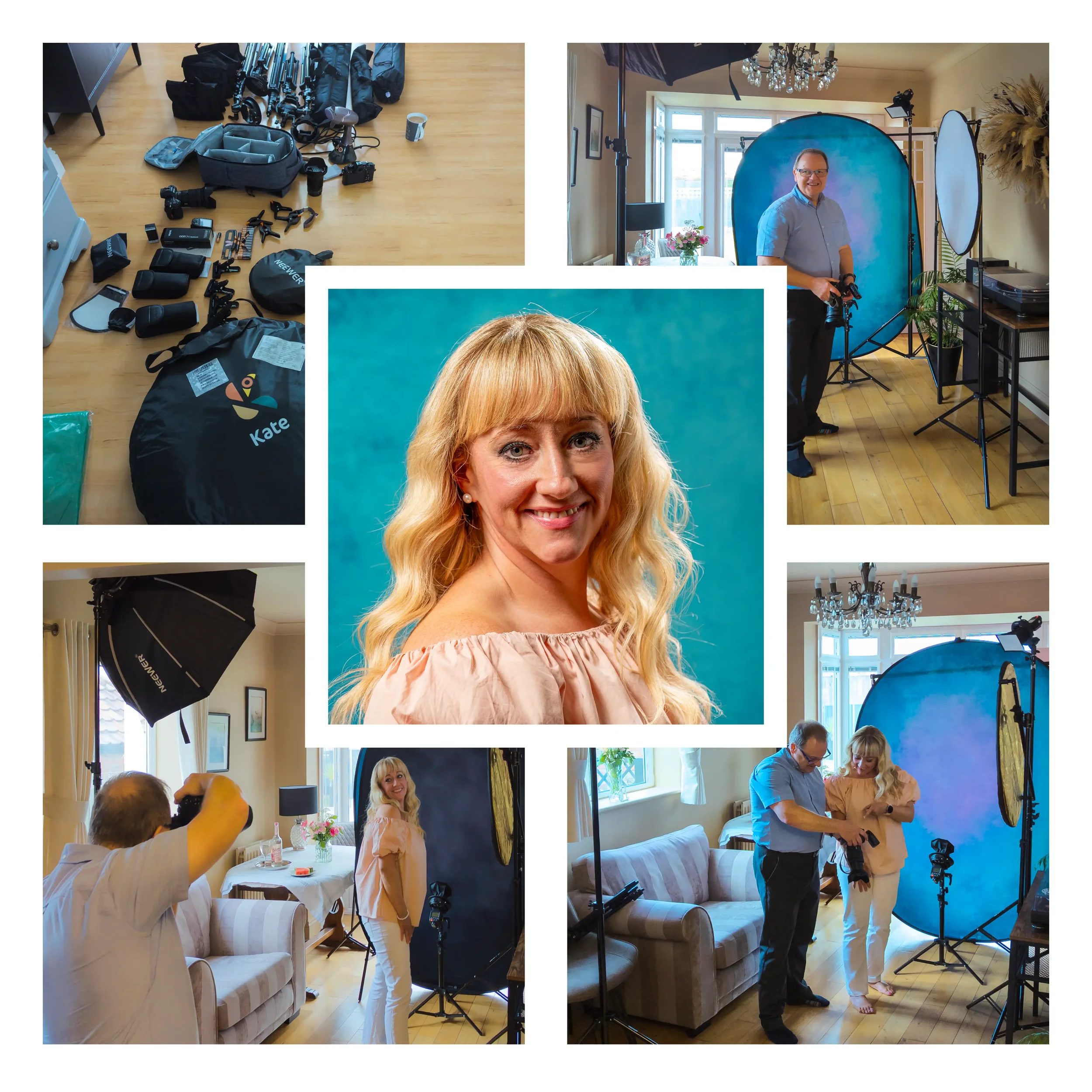 Composite image of a portable headshot studio set up in use with an image of the woman being photographed in the centre.