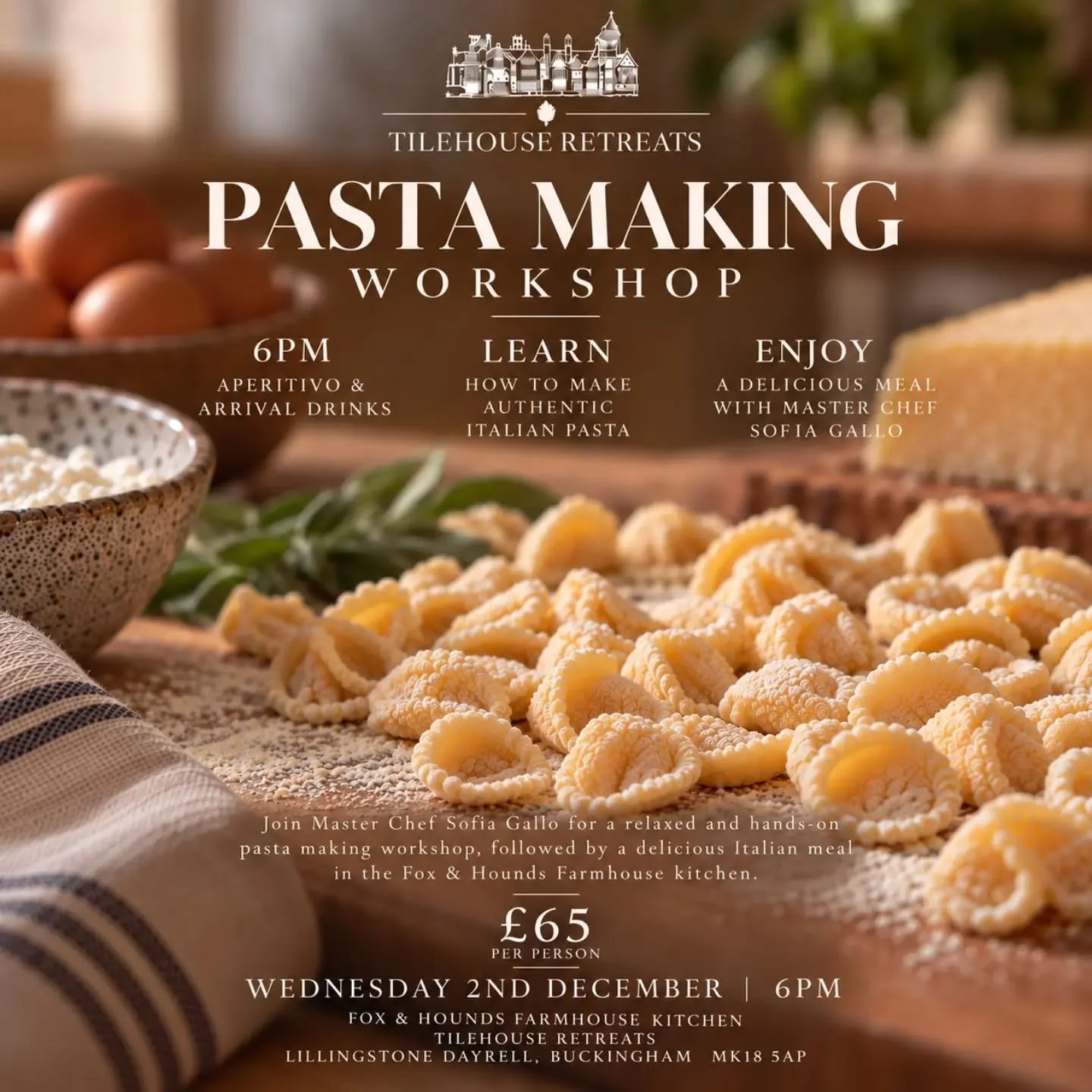 Pasta Making at Tilehouse Retreats 🍝🌿

Wednesday 2nd December | 6pm
&pound;65 per person
📍 Fox &amp; Hounds Farmhouse Kitchen, Tilehouse Retreats

Join us for a relaxed and delicious evening learning how to make fresh pasta from scratch with award