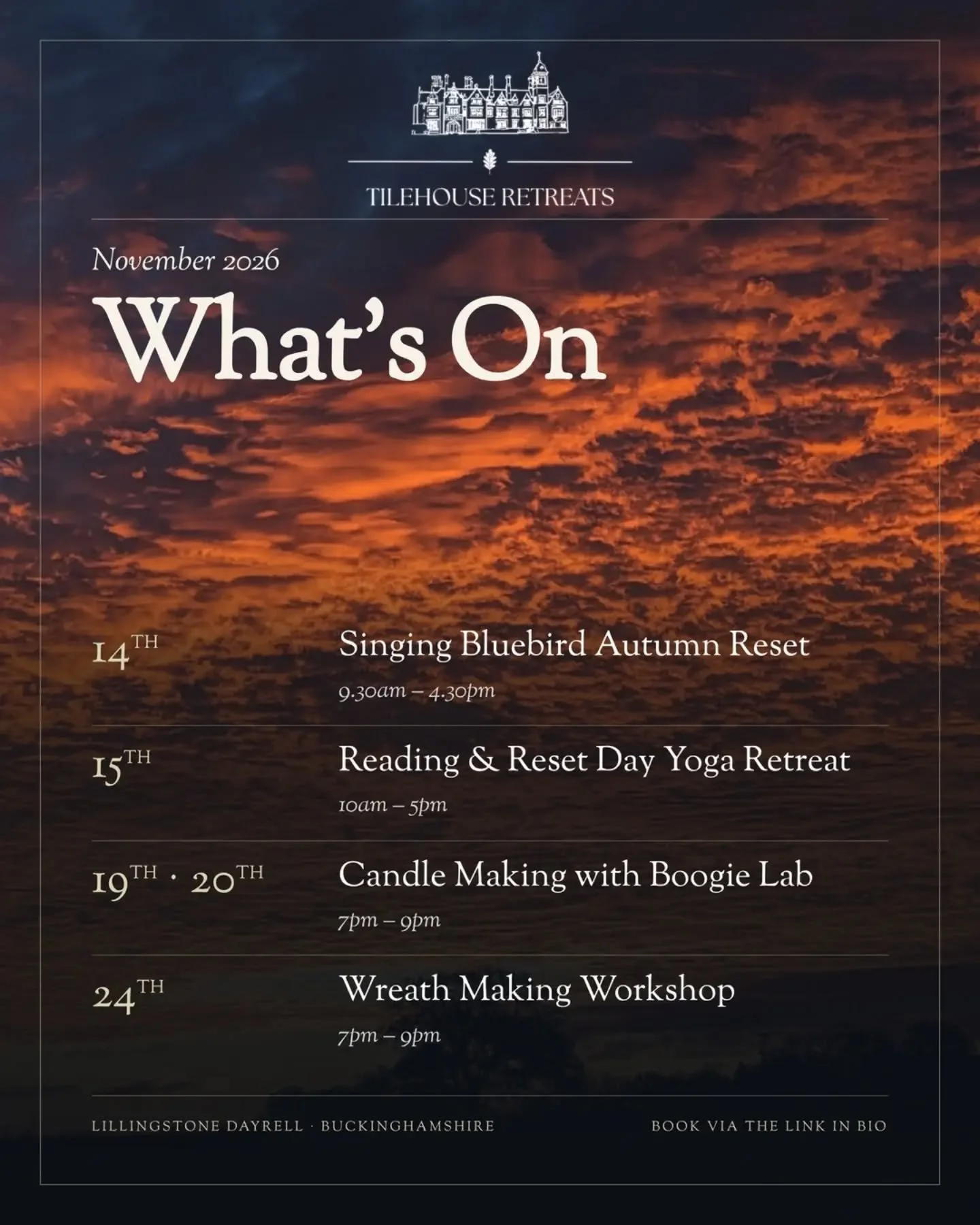 ✨ What&rsquo;s coming up at Tilehouse Retreats&hellip;🌿

The next few months are filled with lovely things to look forward to at Tilehouse Retreats.

From seasonal workshops and delicious food experiences to wellness days, countryside escapes and ti