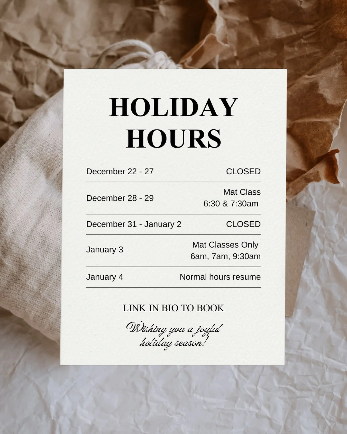 Tis the season for a slightly chaotic schedule 🎄

Here are my holiday hours so you can plan your movement around the madness.

Bookings now open up to 4 weeks in advance so you can secure a spot ahead of the chaos xx