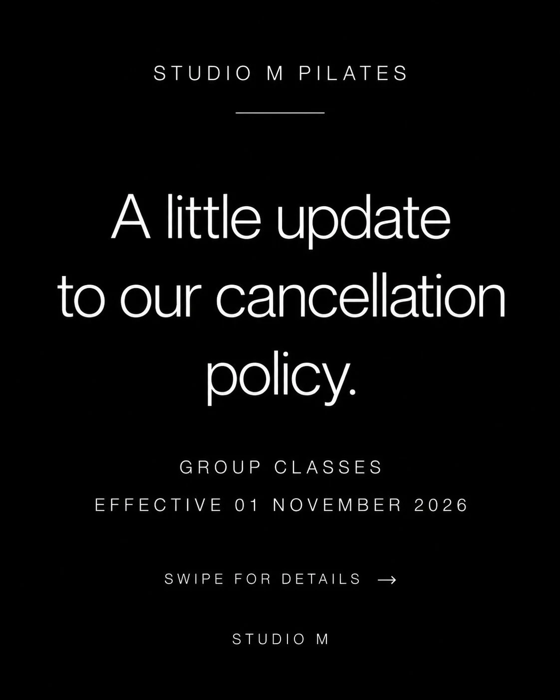 A little update to our class cancellation policy 🤍

As Studio M continues to get busier, we&rsquo;re seeing more classes reach capacity and waitlists become increasingly common (which we LOVE!).

But we&rsquo;ve also noticed an increase in cancellat