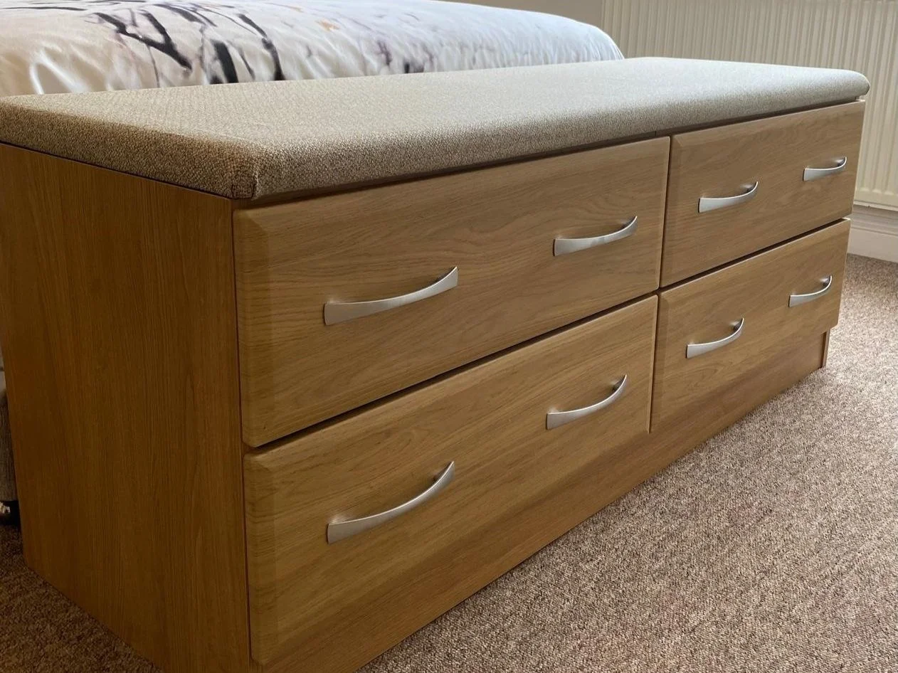 oak bedroom furniture. ottoman. seating. dresing table. comfy stool. fabric seating. Bella Lincoln. Lissa Oak. Chidham. Bosham. Chichester