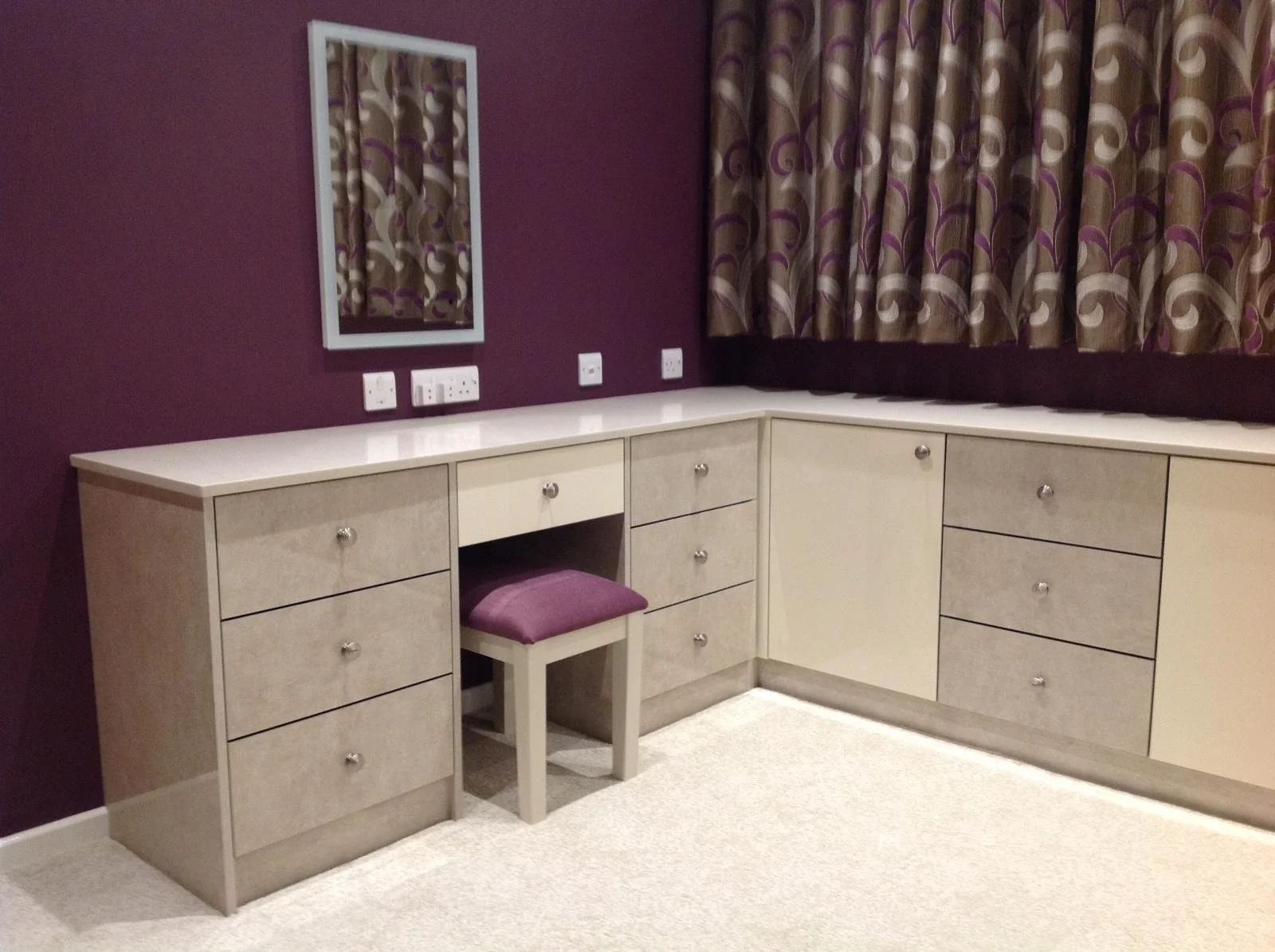 champagne sliding doors. cathedral. luxury. gloss cream. gloss limestone. Zurfiz. Untra-gloss. plumb fabric stool.  headboard. chichester. west sussex