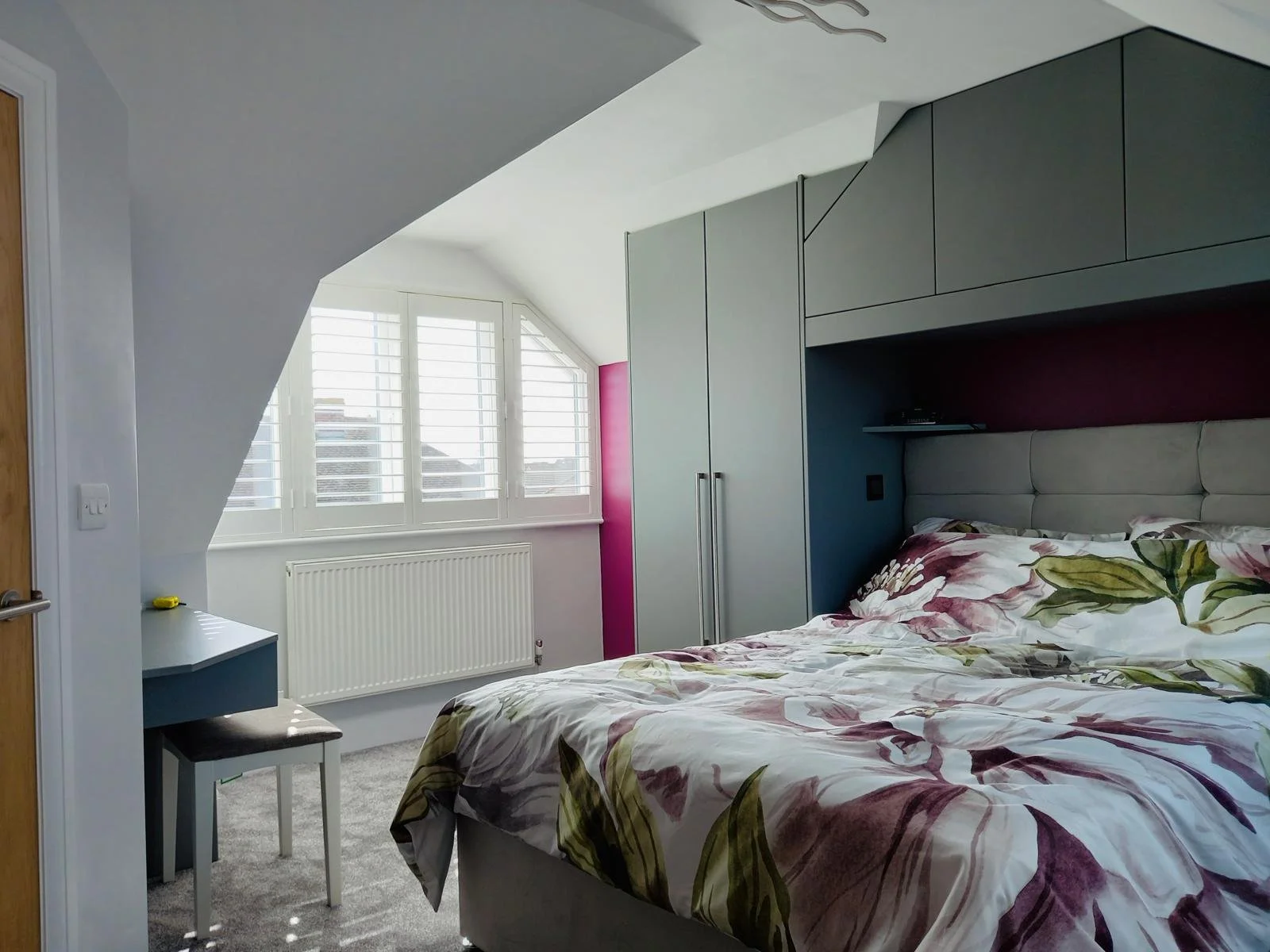attic bedroom. fitted wardrobes. bespoke. angle ceilings. bella venice. dove grey. dust grey. compact small bedroom. Bella Venice. Gosport. Hampshire