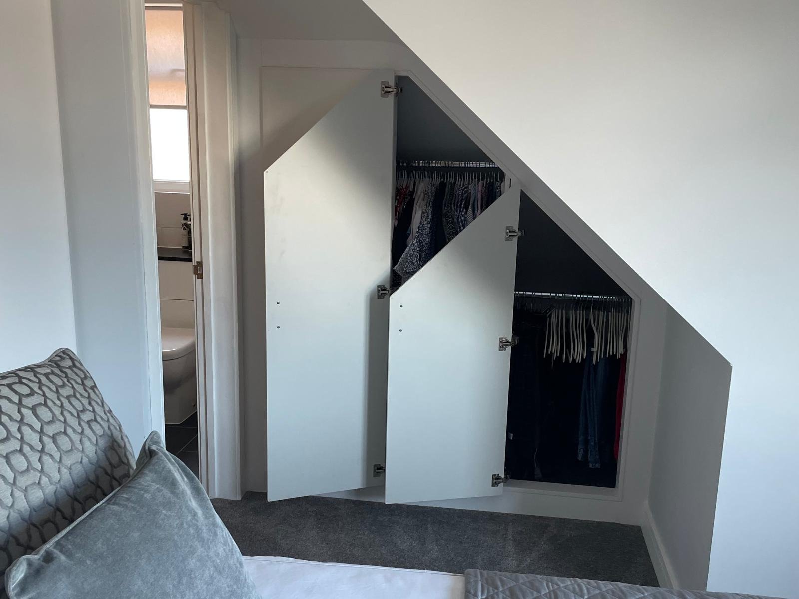 bespoke fitted wardrobes. 170 degree hinges. sloping ceiling. angled wardrobes. small space. hinged wardrobes. Hill Head. Lee on Solent. Gosport. Fareham. Hampshire