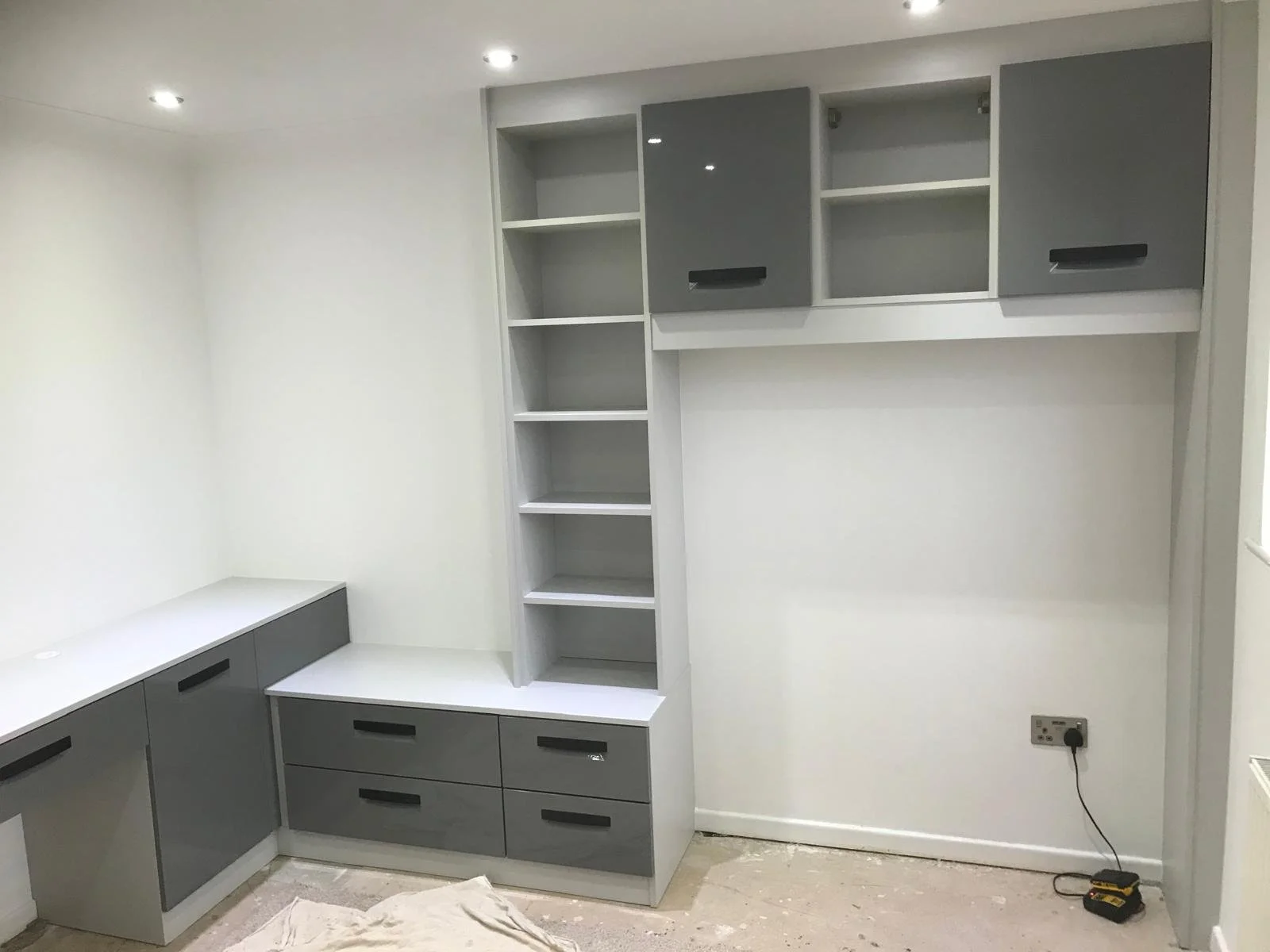 boys bedroom furniture. 4 foot double bed. desk area. trophy display shelving. wall cupboards. Bella Lazio. Gloss Dust Grey. Matt Dove Grey. Black Handles. West End. Southampton. Hampshire
