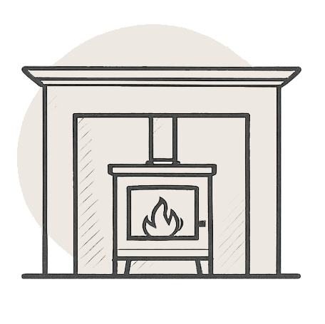 Drawing of a fireplace with a fire burning inside it, set within a simple room with a mantel and a framed window behind it.