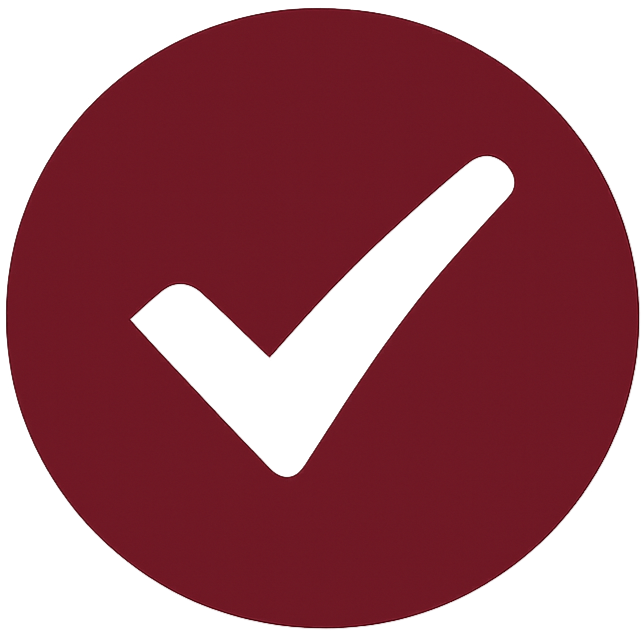 Red circular icon with a black checkmark inside