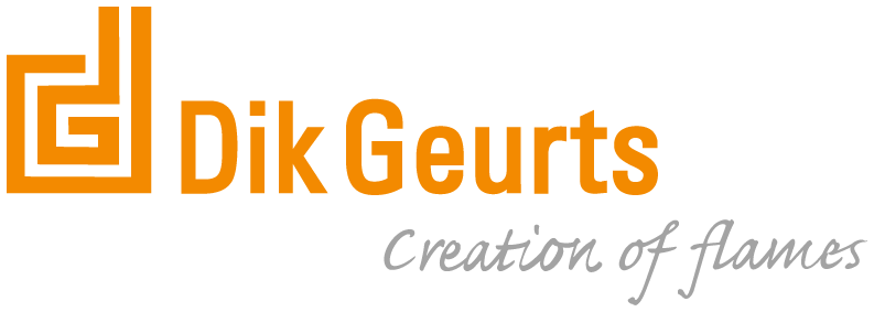 Logo with stylized orange monogram and text 'Dik Geurts,' and the tagline 'Creation of flames' in gray cursive.