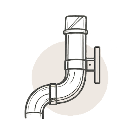 Drawing of a playground slide with a curved slide and a ladder, outlined in black against a transparent background.