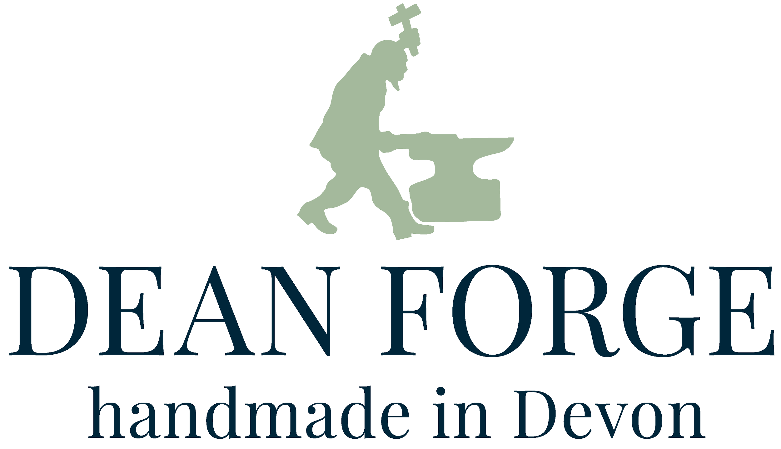 Logo for De An Forge featuring a black and gray silhouette of a person forging, with the text 'DEAN FORGE' in large letters and 'handmade in Devon' below.