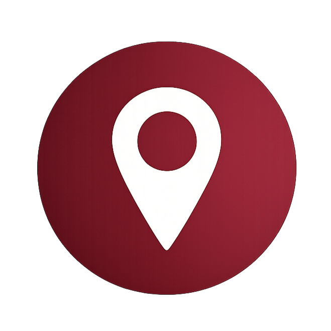 Red circular icon with a white map pin symbol in the center.