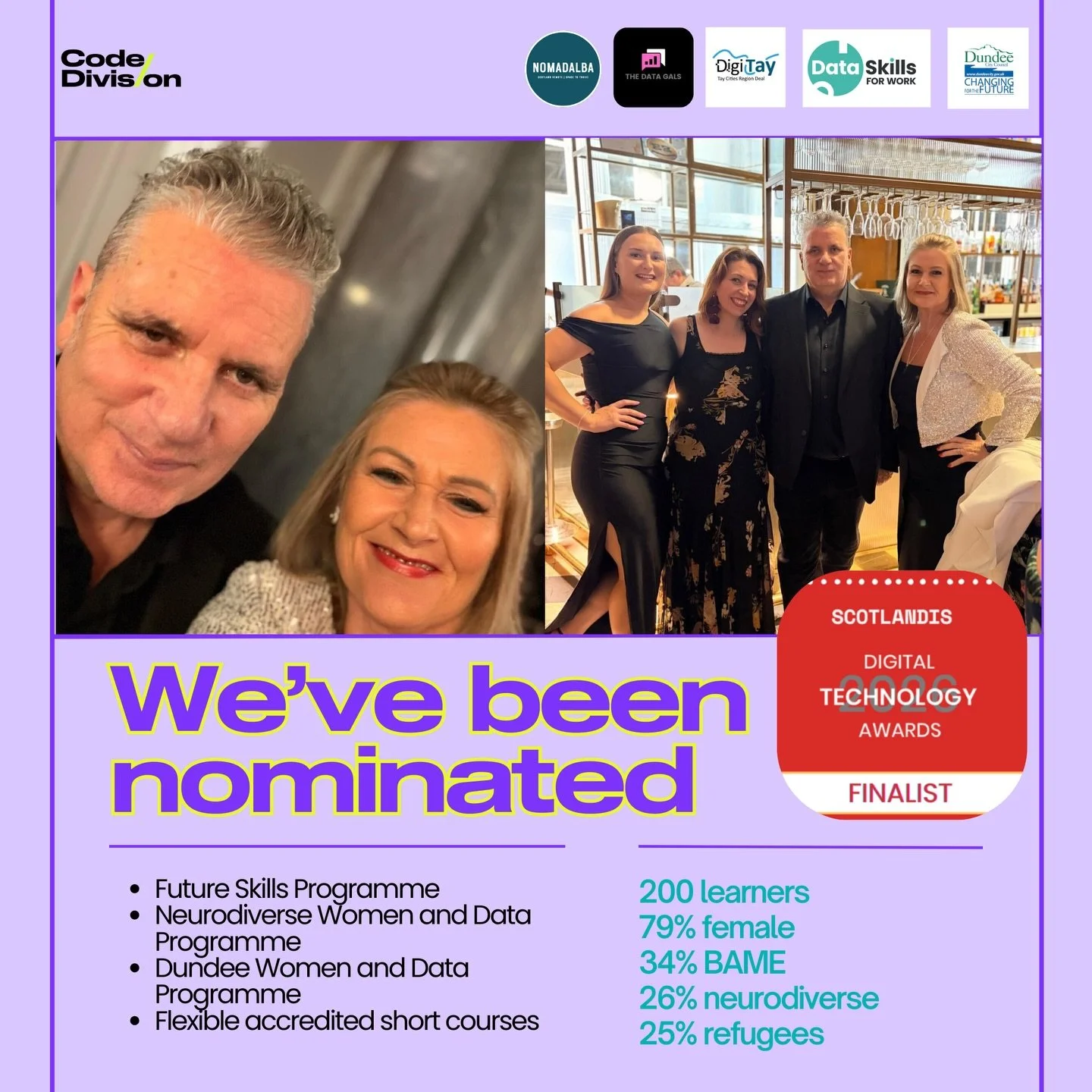 Being shortlisted for a ScotlandIS Tech for Good Award is thanks to all our learners, mentors, partners, tutors, funders, and our wider network community.

Over the past two years, Code Division&mdash;working with @nomadalba and @thedatagals &mdash;h