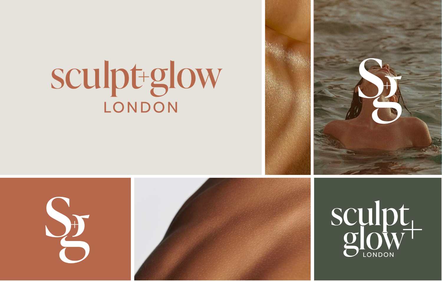A promotional collage featuring the logo and branding for Sculpt + Glow London, including images of tanned skin and a woman in water, with textual elements and minimalist design.