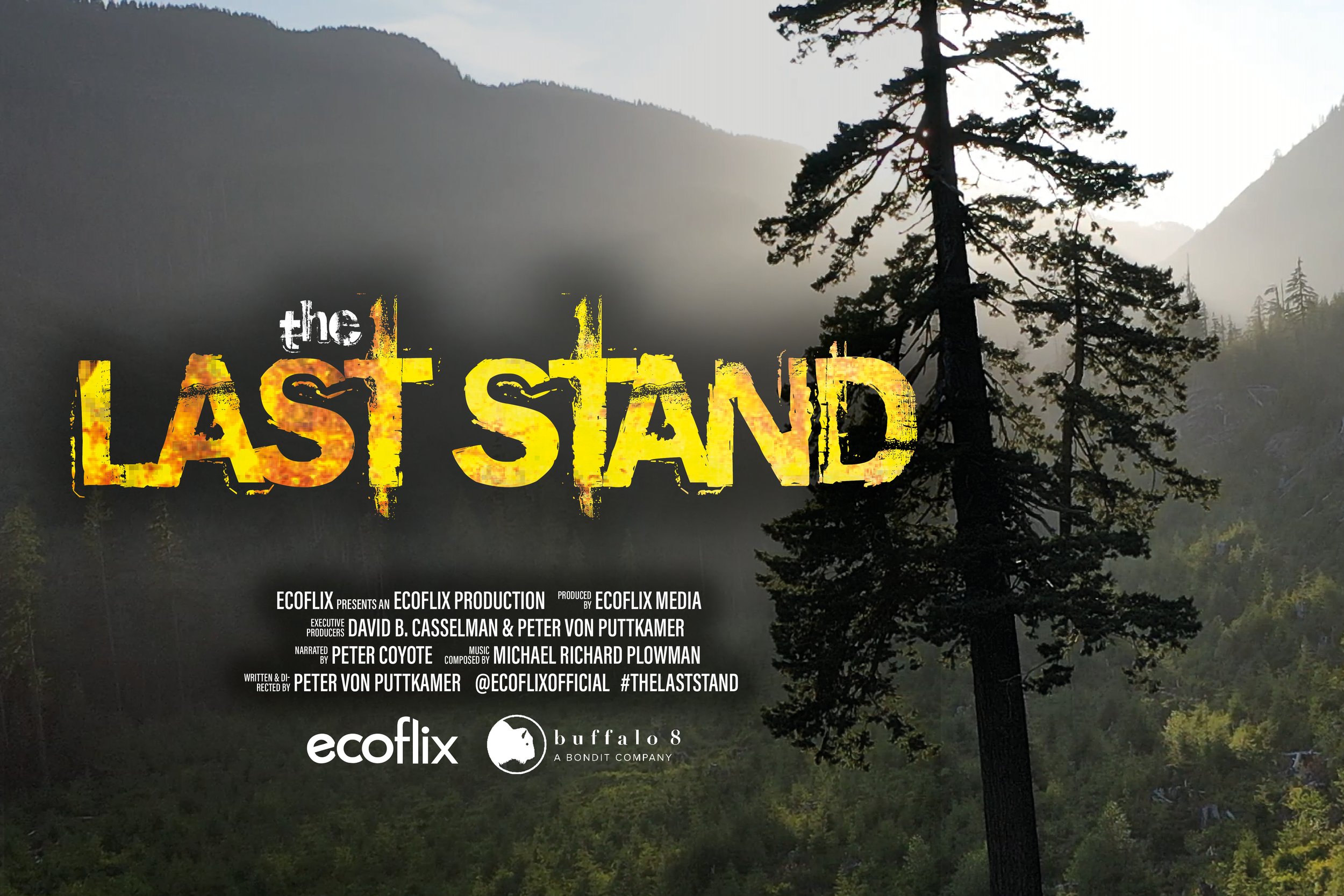 Title slide for the documentary 'The Last Stand' with a background of a forested mountain landscape at sunrise or sunset.